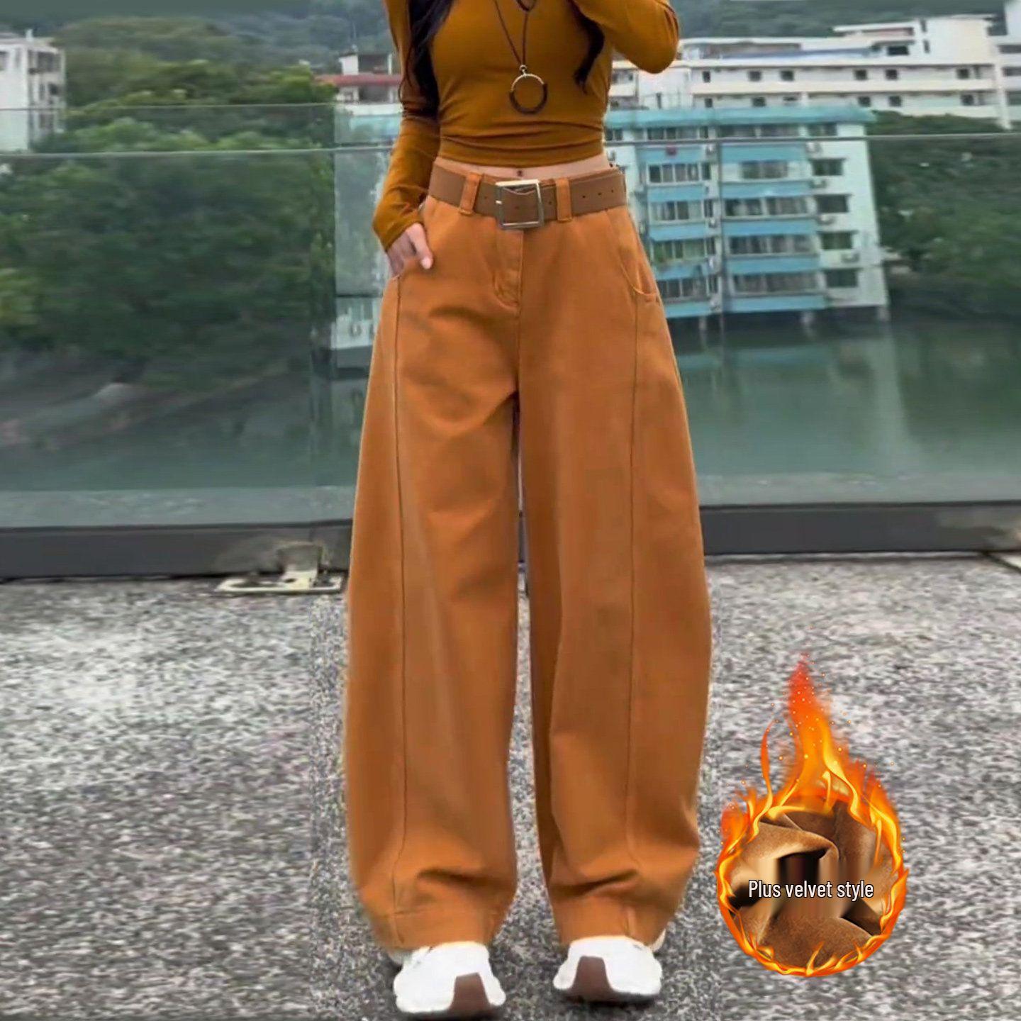 Women s Trendy Curved Leg Fleece-Lined Casual Pants - Slimming, Loose Fit, Autumn/Winter 2025 XL