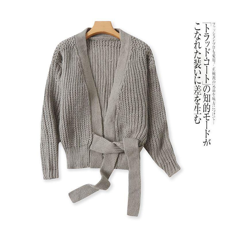 

Cross Fashion Minimalist V-neck Lace-up Thick Thread Cardigan Bean Green A- 1-6-5 S