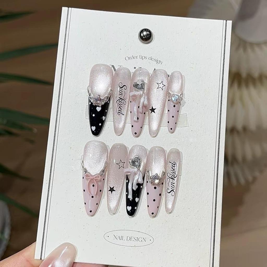Ultra-Sparkling Zirconia French Cat Eye Black Pink Ballet Press-On Nail Art
