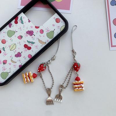 Cute Small Dessert Strawberry Cake Phone Pendant Keychain Handmade Beaded Airspods Hangings Ornaments Ccd Camera Chain