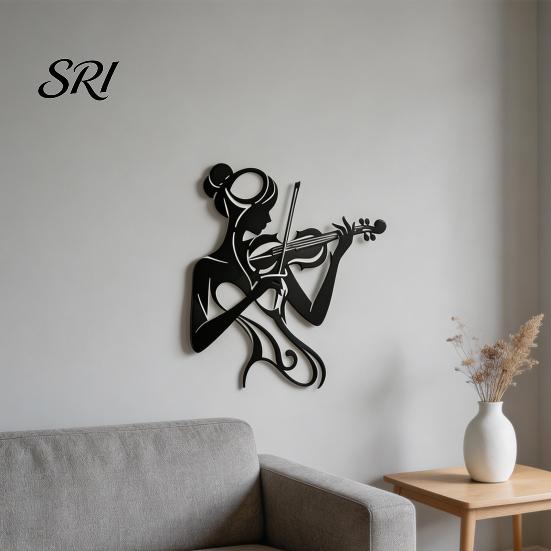 Small Wall Art 30x26cm Music Black 2D Flat Woman Playing Violin Silhouette Metal Piano Room Sculpture Feminine Decor for Studio Housewarming