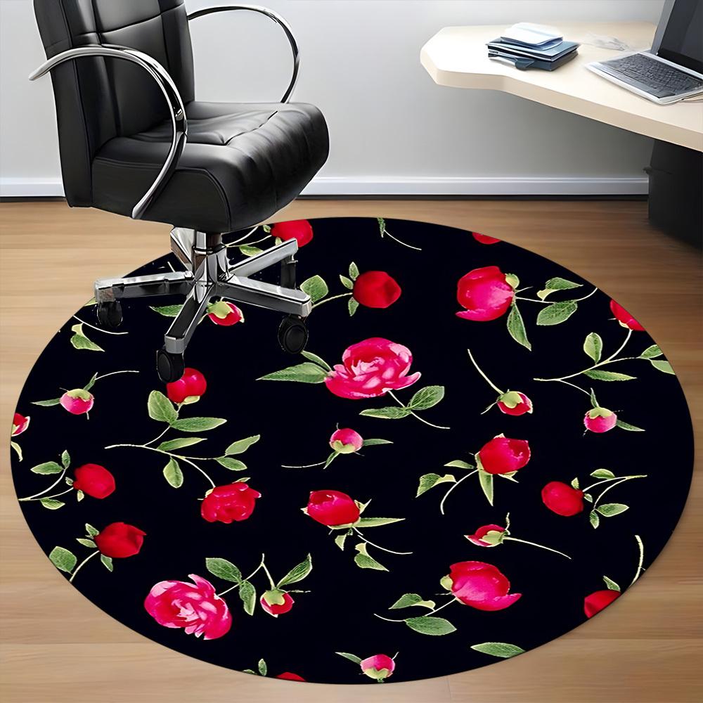 1 Stück Rote Rose Muster Stuhlteppich für Büro, Runder Polyester Teppich, Innen Dekoration für Büro, Pflegeleichtes Gewebe, Waschbarer Rutschfester Bereichsteppich