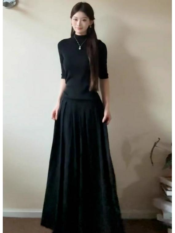 

KKABOVE Black Short Sleeve Slim Fit Stretchy High Neck Wool Knit A-line Umbrella Long Skirt Set Small