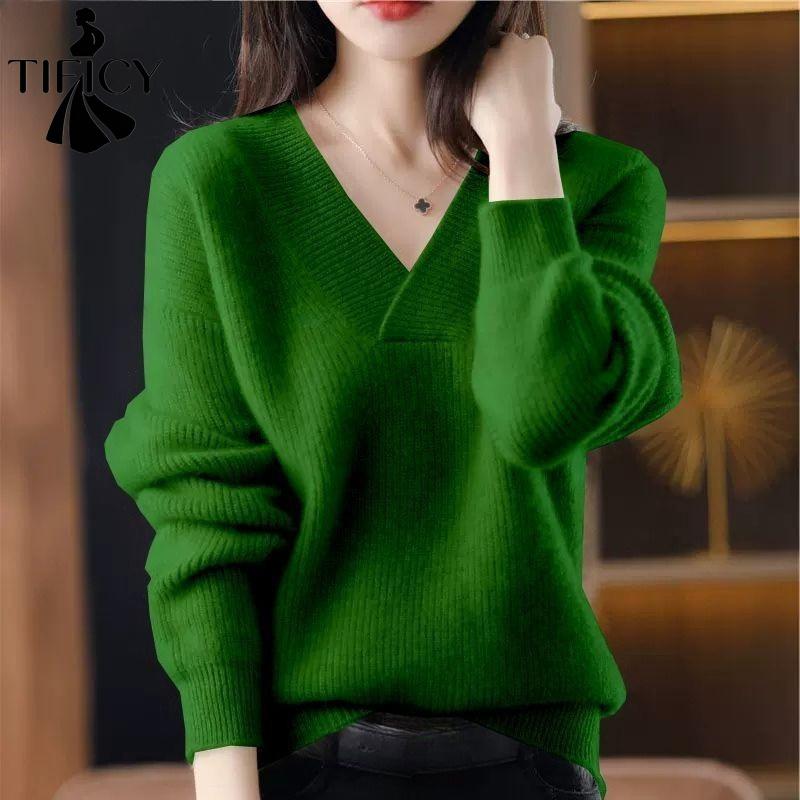 TIFICY Women's Fashion Casual Fall Winter Solid Color Print Long Sleeve V-Neck Sweaters