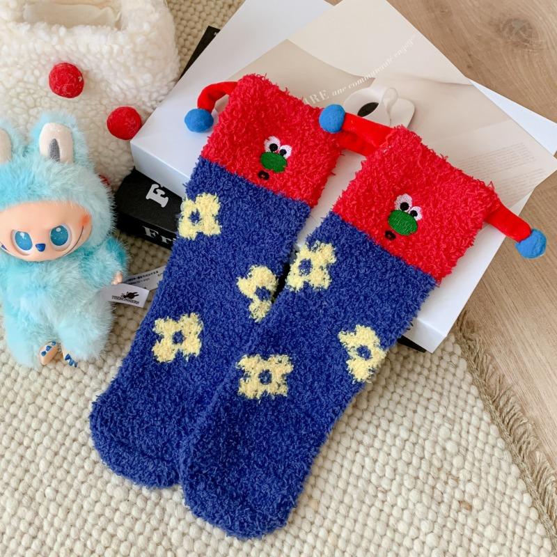 Three-dimensional Coral Fleece Sleeping Socks Winter Warm Medium Tube Floor Socks Embroidery Funny Clown Half Fleece Christmas Socks