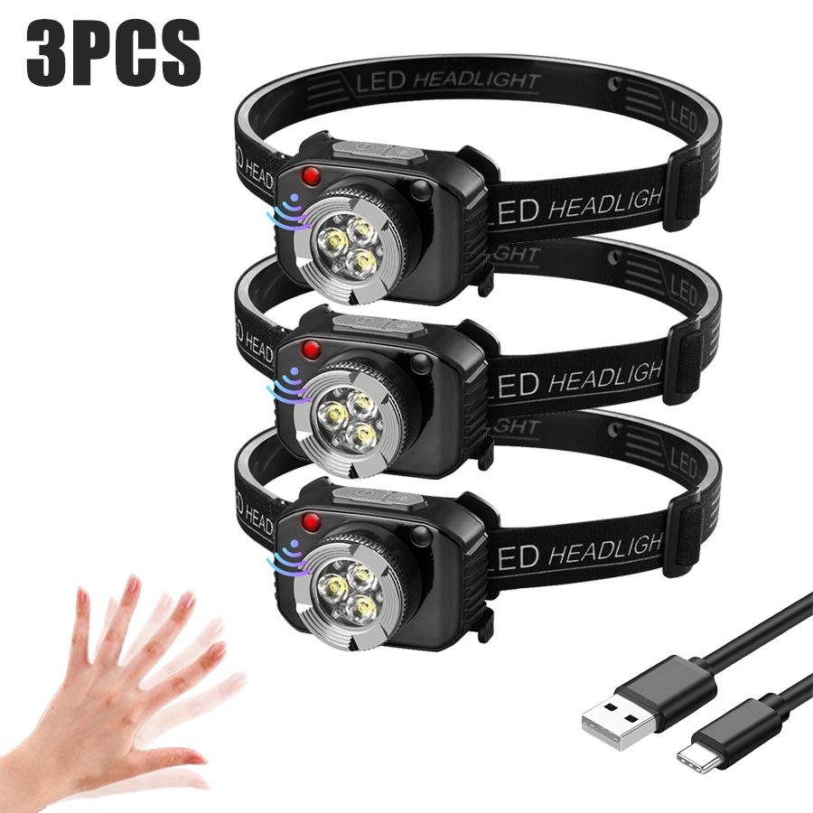 Powerful 3LED Motion Sensor Headlamp Rechargeable Head Flashlight Built In Battery Outdoor Portable Camping Fishing Headlight