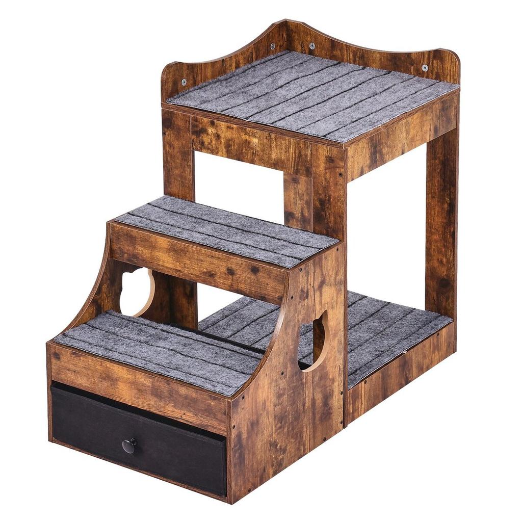 Pet Bunk Bed with Stairs Dog/Cat Window Perch with Storage Indoor Brown