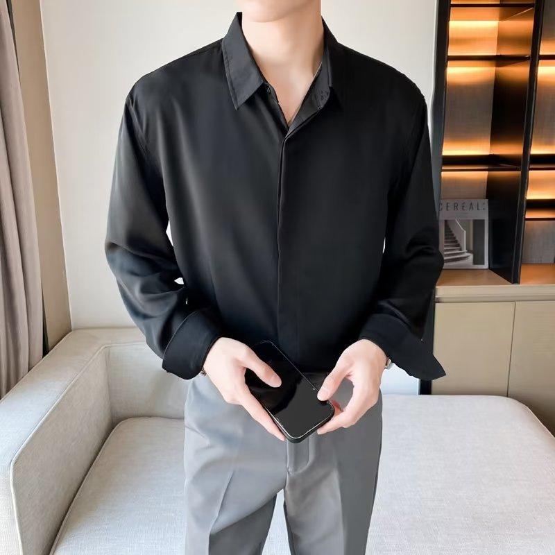 

Men Satin Long Sleeve Button Down Shirt Casual Loose Streetwear Formal Top M чёрный