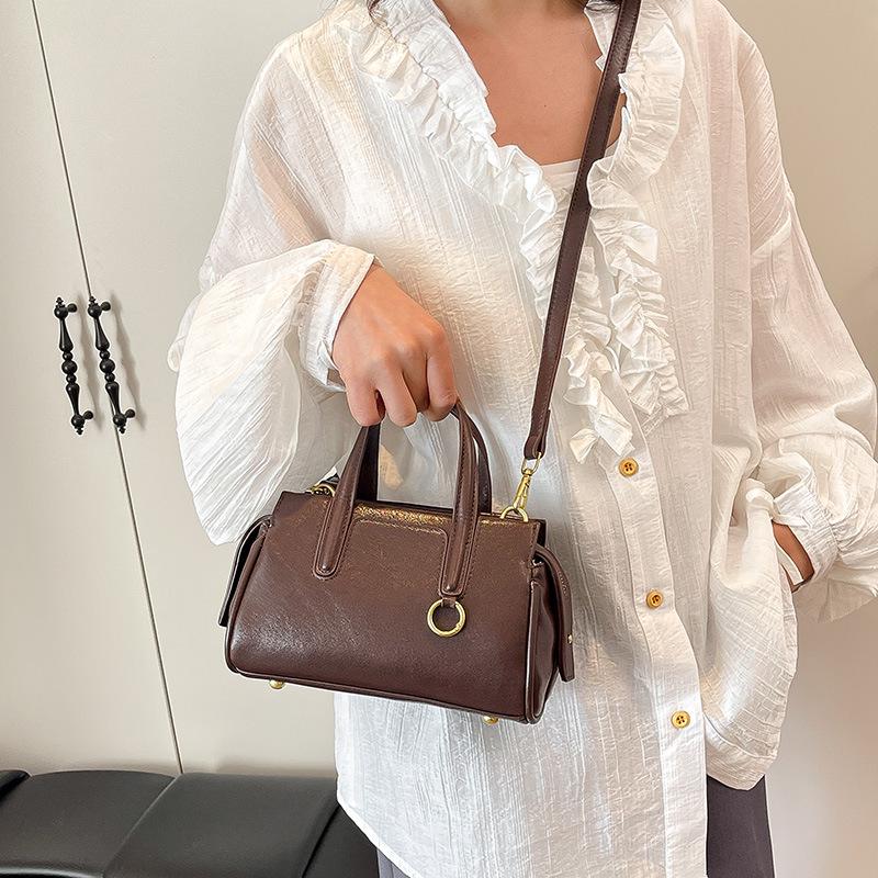 Retro Korean-Style Solid Color Boston Handbag - Women's Single Shoulder Crossbody Bag