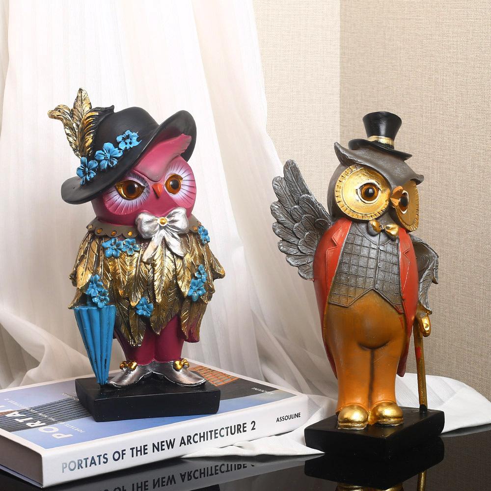 American Home Decor Creative Owl Gentleman Lady Sculpture Interior Vestibule Living Room Desktop Animal Figurines Decoration