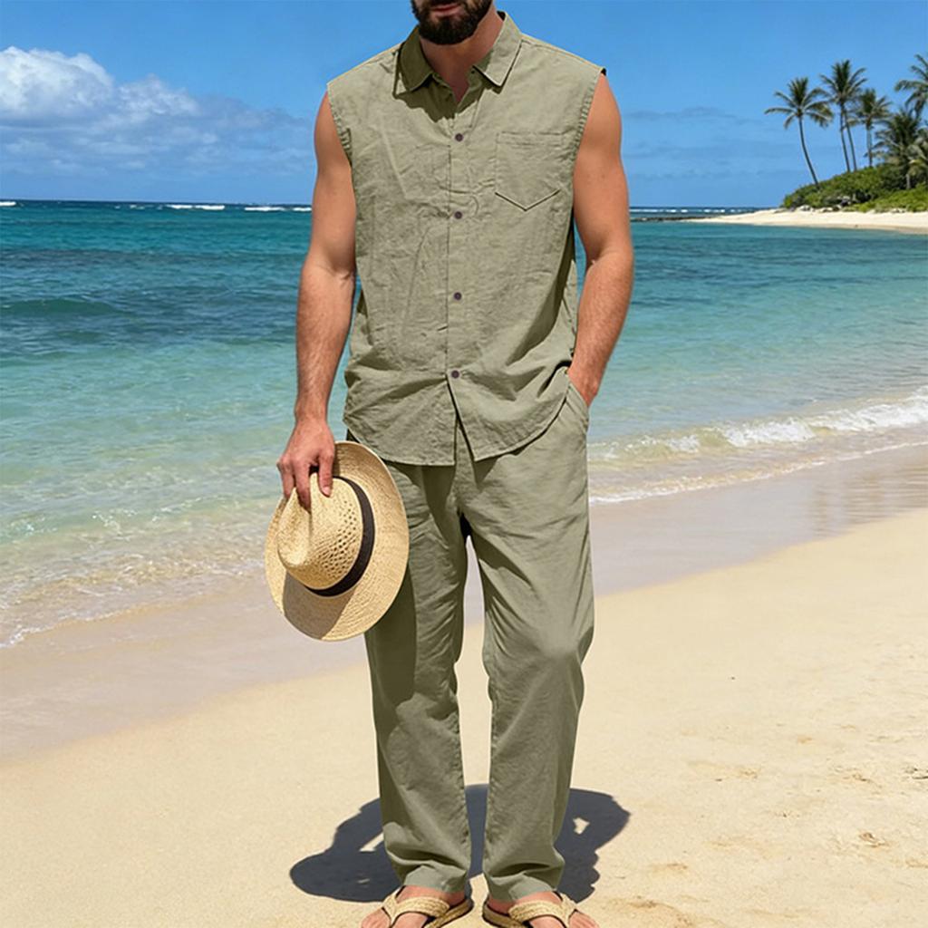 Men's Cotton-Linen Casual Hoodie Vest And Pants Set
