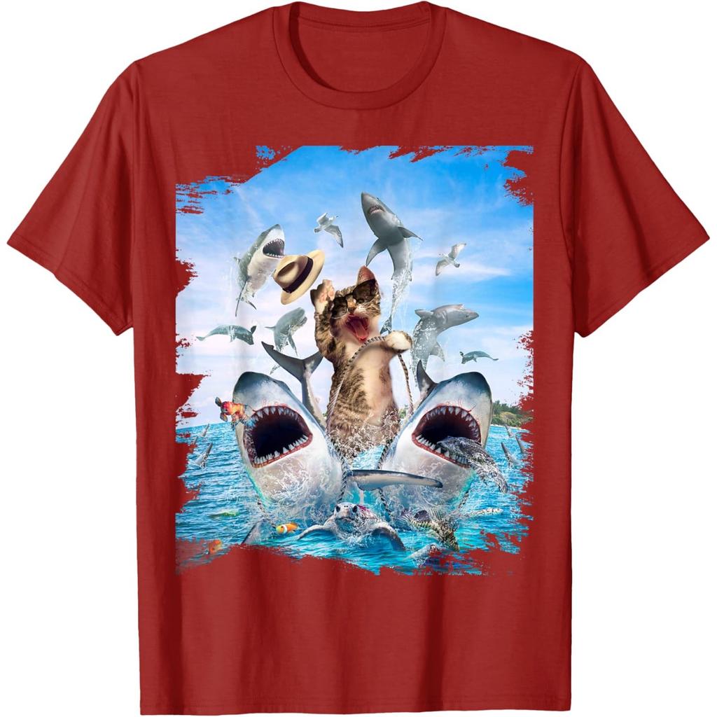 Funny Cat Riding Shark Beach Ocean Graphic Mens Casual Round Neck Tshirt
