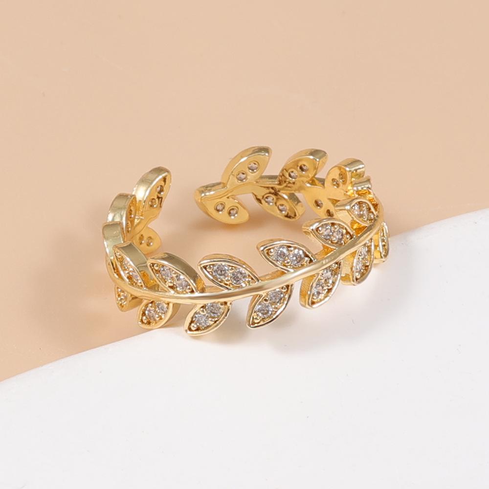 18K Gold Plated Minimalist Leaf Copper Ring with Zircon