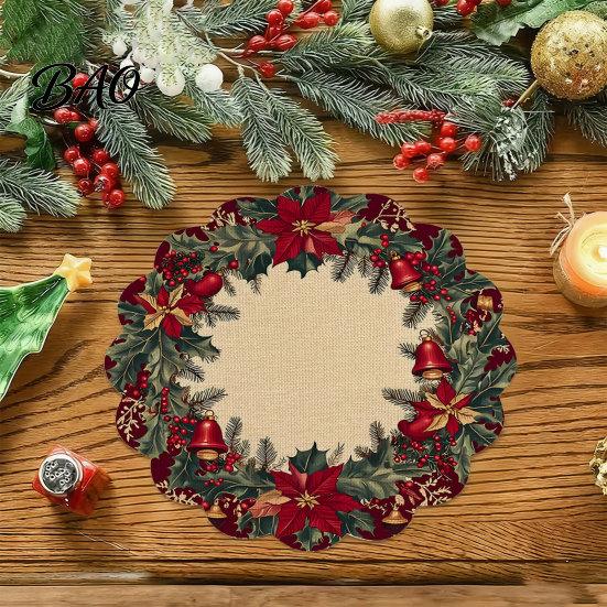Tapis de Table Rond Antidérapant Décoration de Cuisine Motif Festif de Noël 14 Pouces Protecteur de Table Anti-Taches Résistant à la Chaleur Pad d'Isolation de Table