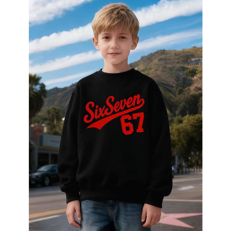 Kids Unisex Crewneck Sweatshirt, Vintage Cursive Number 67 Print Long Sleeve Pullover, Boys Girls Casual Birthday Sweatshirt For Kids Over 4 Years Old