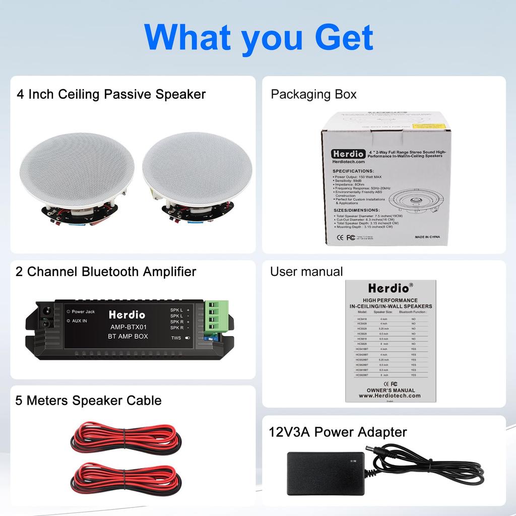 Herdio Bluetooth Ceiling Maximum 240 Ideal for Living and Office Speakers, 4-inch, Output Watts, 2-Way In-Ceiling Speakers, Bathroom, Kitchen, Room,