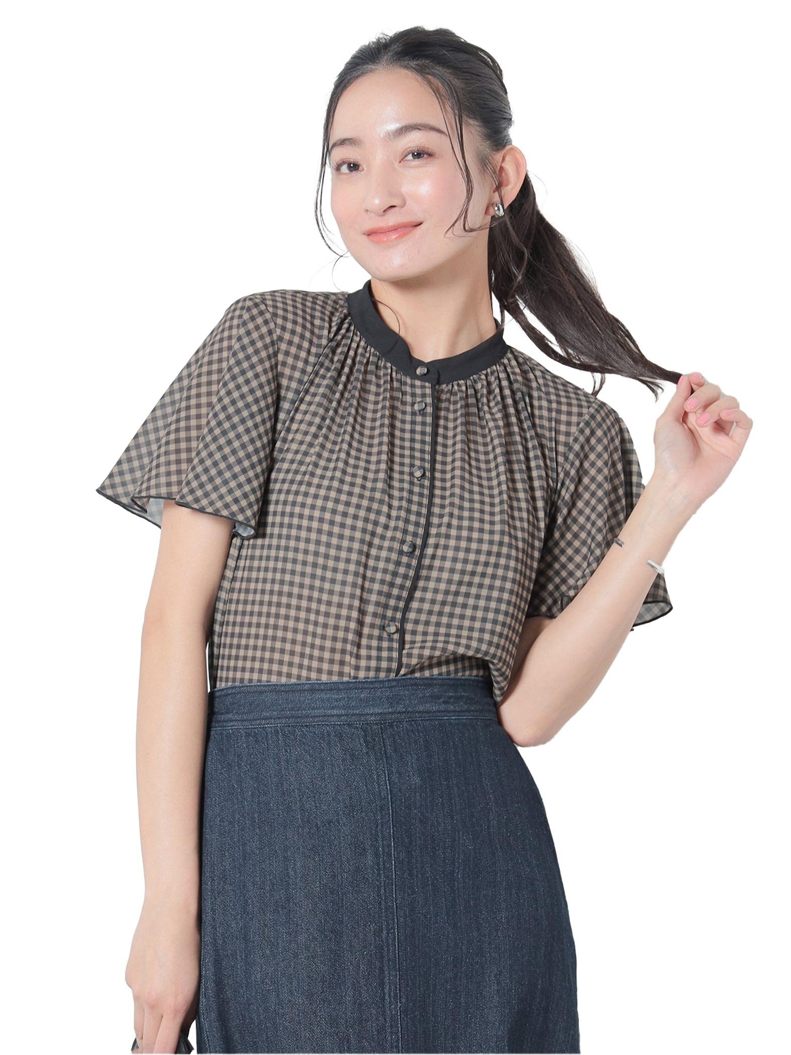 

Beams Heart Cleric Blouse with Mellow Free Size Women s S/S Sleeves, Brown.Gingham,