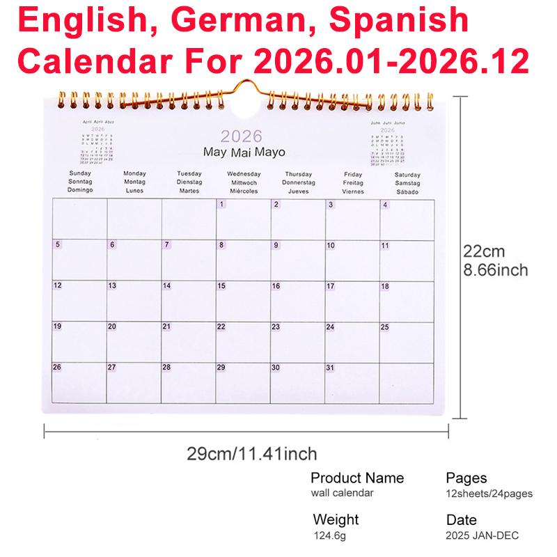 2025Kalender 2025-2026 - 12 Monate Wandkalender von Juli 2025 bis Juni 2026, Mehrsprachige Spiralplaner-Agenda Büro-Wandkalen