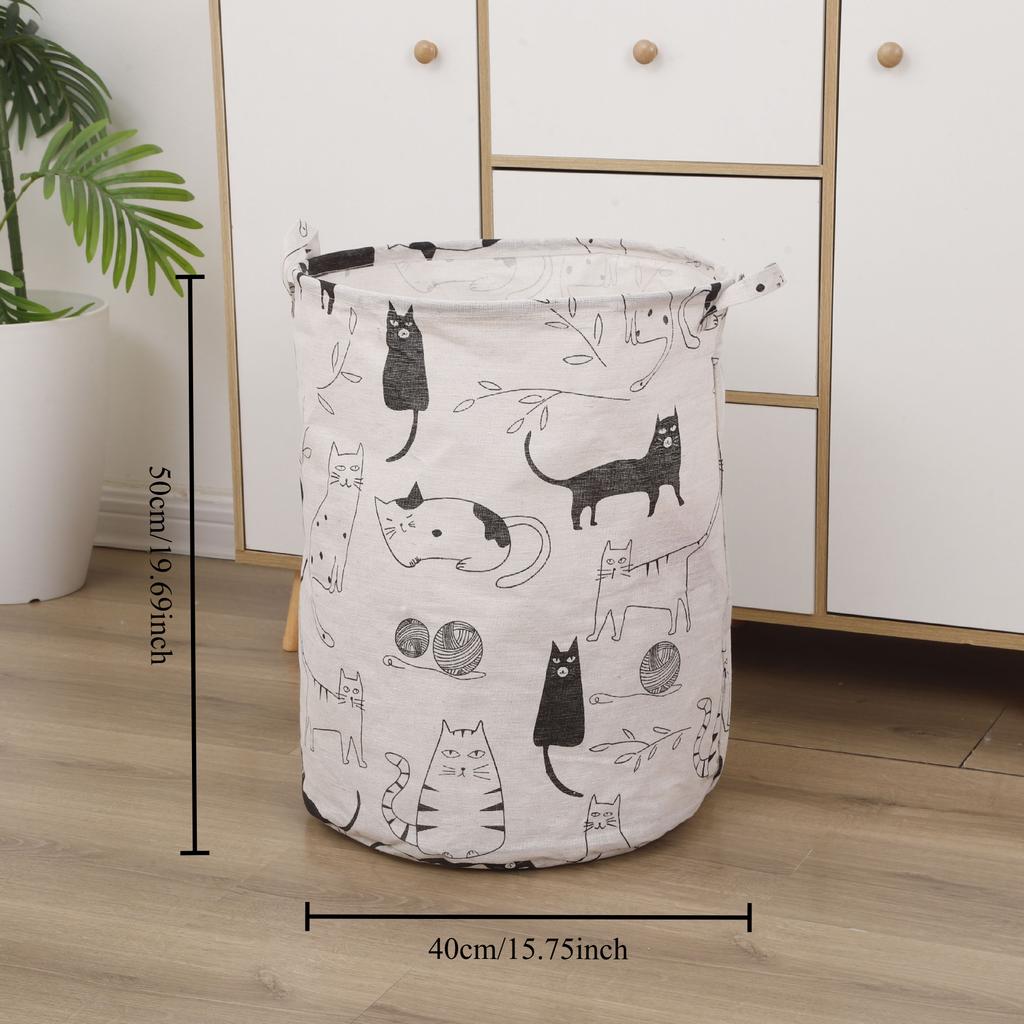 Foldable Round Laundry Basket with Adorable Cat Pattern Home Use Dirty Clothes Hamper Toy Clothes Storage Washing Clothes Hamper