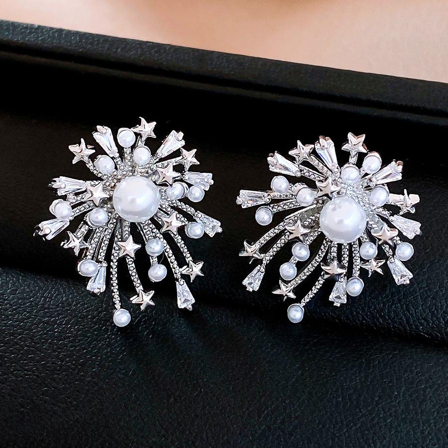 

18k electroplated Korean zircon fireworks pearl earrings light luxury stud earrings exquisite earrings women