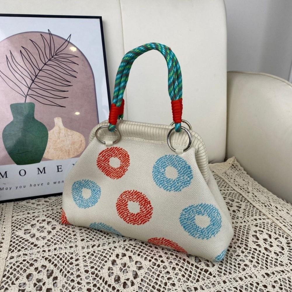Colorful Print Top Handle Purse Knit Fabric Dumpling Shoulder Bag Cute Woven Handle Handbag  Work