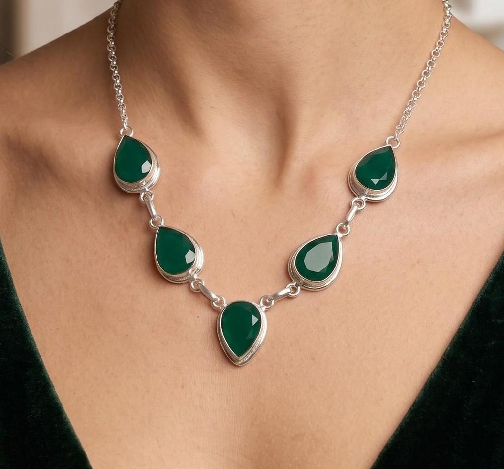 Green Onyx Gemstone Silver Necklace, 925 Sterling Silver Unique Necklace, Statement Jewelry For Women RN-1-21