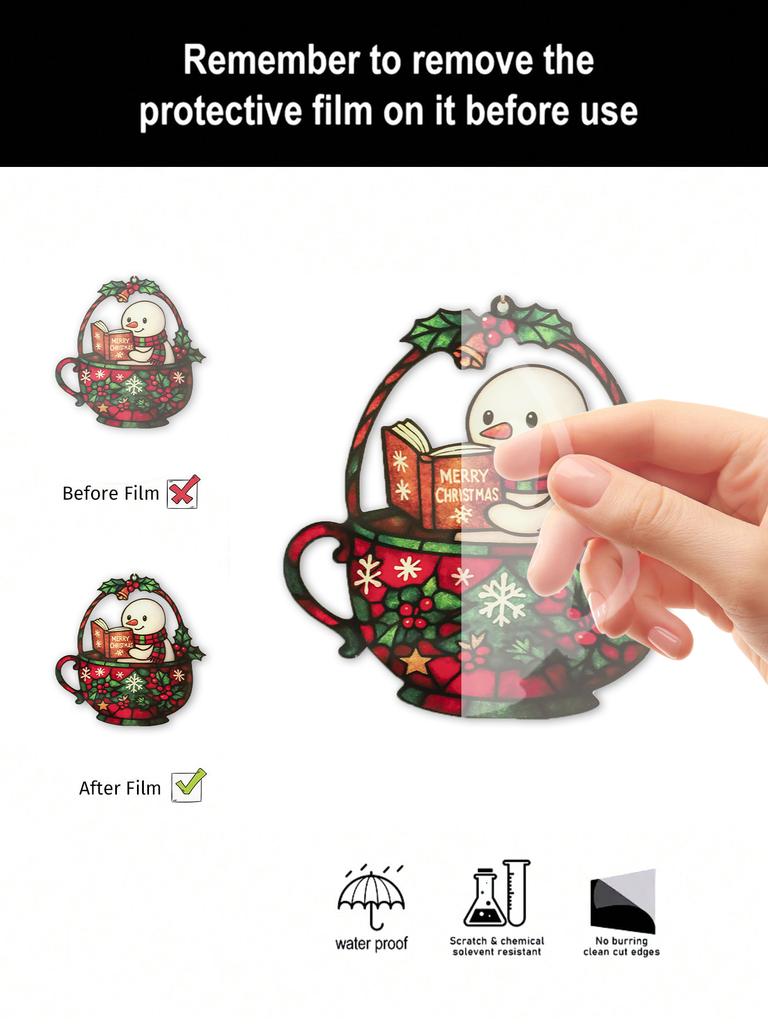 Acrylic Window Hanging Ornament - Cute Snowman Reading Book, Red & Green Teacup Design, Festive Decor for Xmas Tree & Home Decor