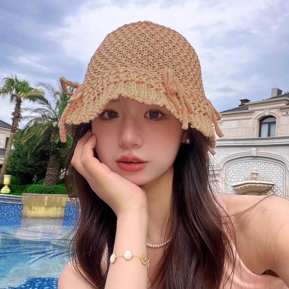 New Anti-Sun Bucket Hat Bow Folding Beach Hat Anti-UV Hollow Sunscreen Hat Outdoor Sports