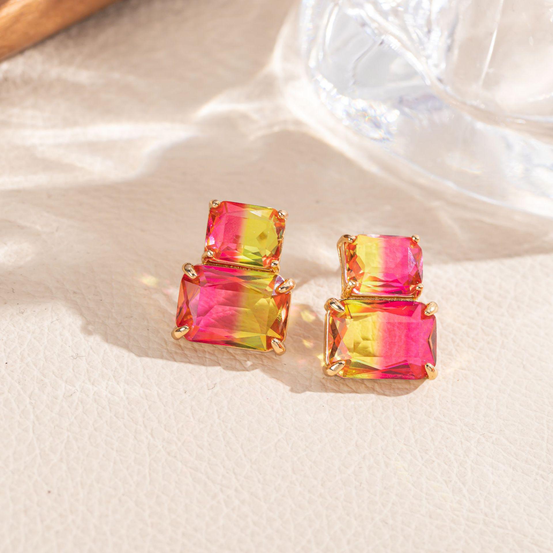 Cross-border Geometric Crystal Earrings: Trendy Gradient Studs for Women