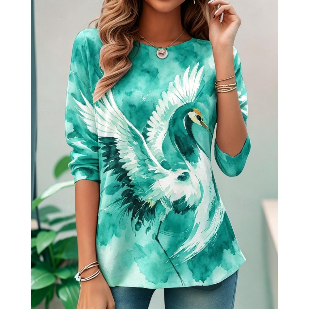 Women's Long Sleeve Crew Neck Watercolor Fox Print Casual T-Shirt, Regular Tops for Spring Summer Daily Weekend Wear