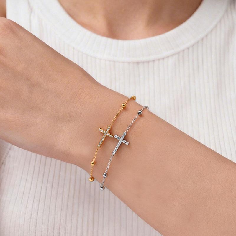 Crystal Cross Bracelet 18K PVD Plated Beads Chain Religion Jewelry for Women Stainless Steel Pulsera Cruz Bangle Waterproof