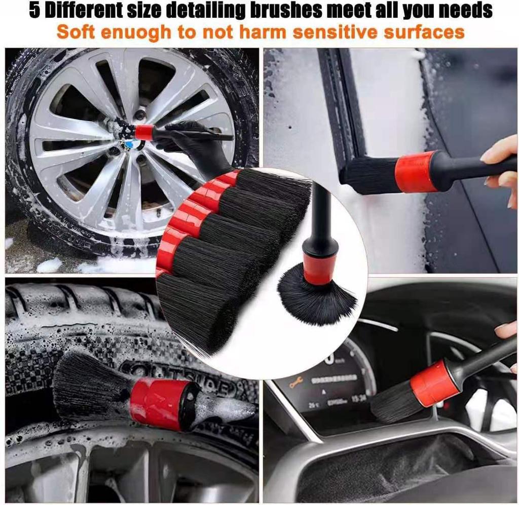 Red 28-Piece Car Cleaning Brush Set for Tires and Interior with Electric Drill Attachment