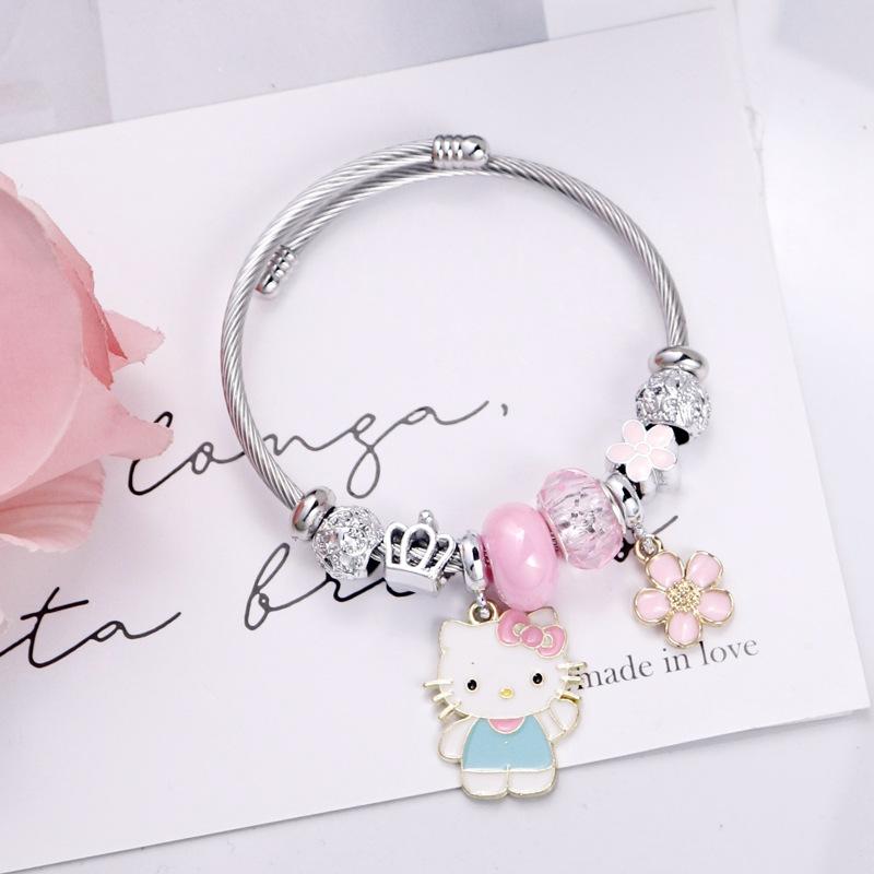Delicate Five-Petal Flower Pendant Stainless Steel Beaded Bangle Bracelet For Women
