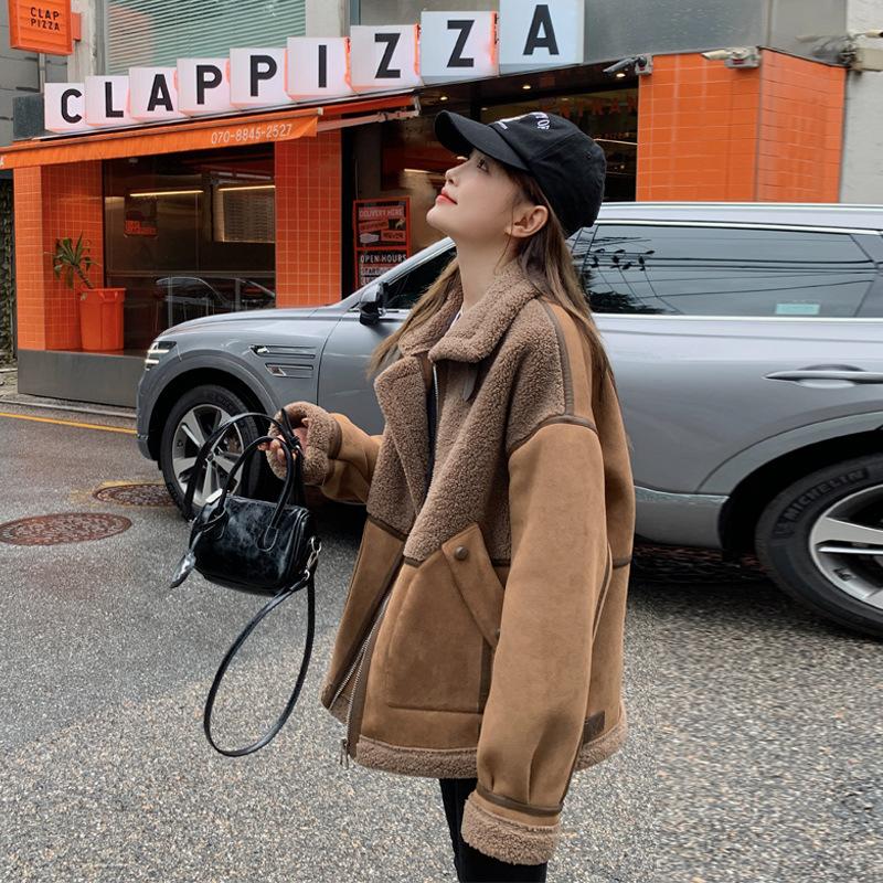 Damen Pelz Einteiler Faux Lammwolle Mantel Damen Winter Sinn Gepolstert und Verdickt Spleißen Biker Anzug Jacke