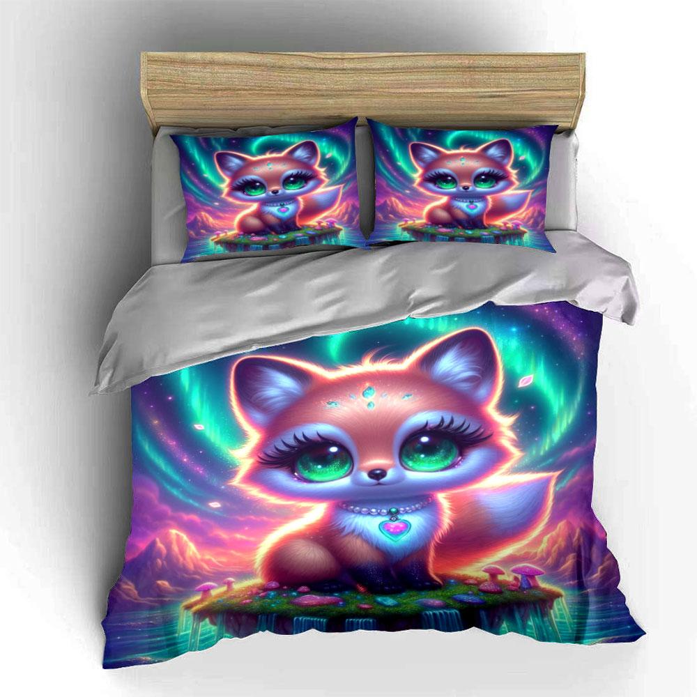 Dreamy Glowing Fox With Aurora Background Printed Duvet Cover Set1 Duvet Cover+2 Pillowcasemulti Size Bedroom Bedding Decor