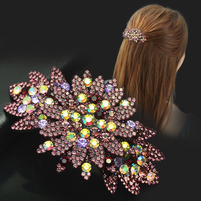Clip de Primavera de Circonita Blanca Flor de Pedrería Brillante Clip Superior Clip Horizontal Elegante Adorno para el Cabello de Moda para Madres