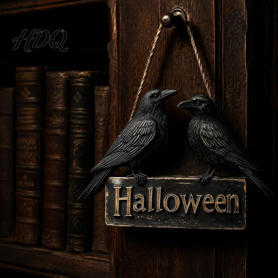 Creative Halloween Gifts Crow Welcome Sign for Front Door, Gothic Black Raven Wooden Wall Hanging Indoor Outdoor Door Hanger Plaque, 2D Flat