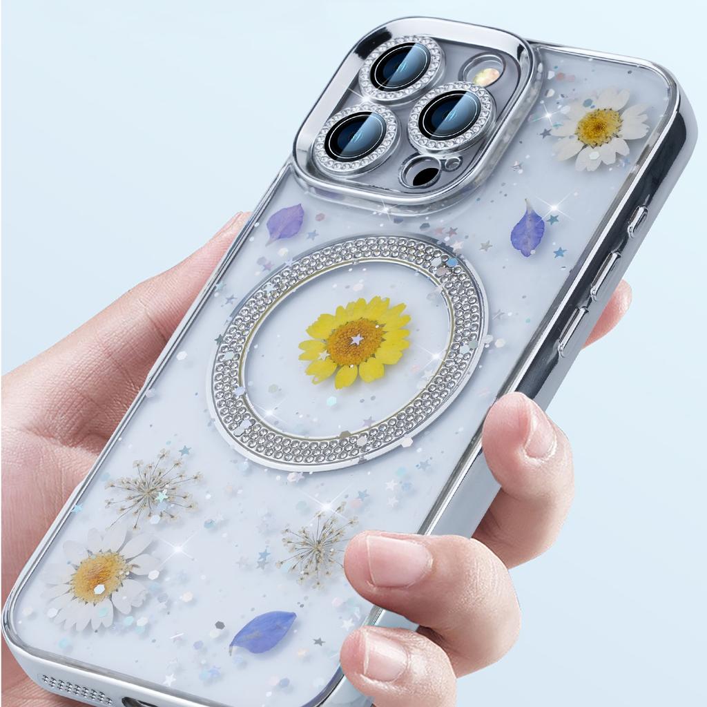 For iPhone 16 Pro Max Magnetic Case PC+TPU Epoxy Real Dried Flower Phone Cover