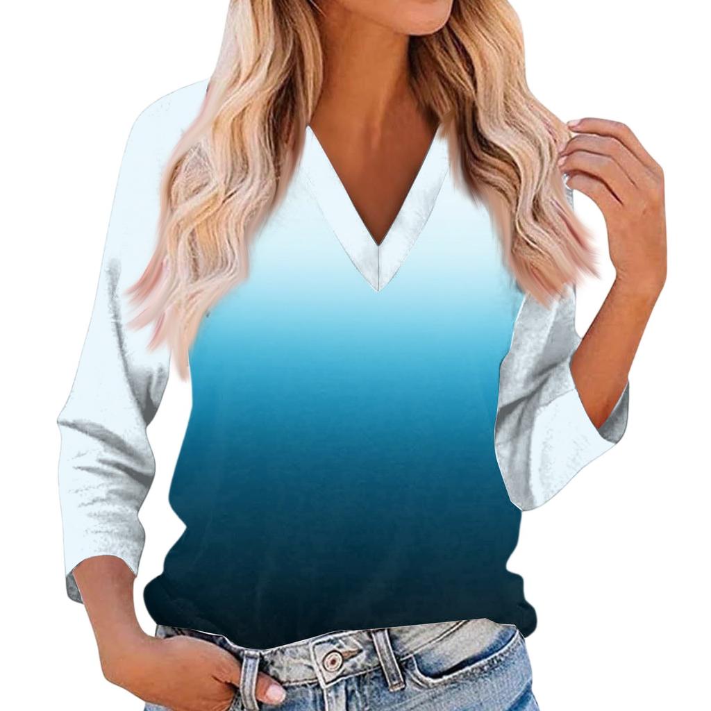 Women's Casual And Fashionable Patchwork V-Neck Top With Seven Quarter Sleeves Top