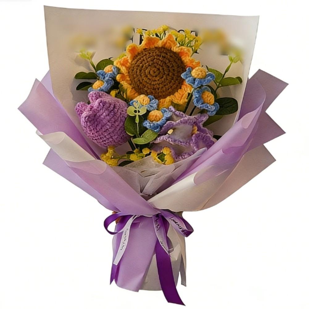 

Yellow Purple Pink Crochet Flower Bouquet Knitted with Precision 27 35cm Handmade Floral Display for Table or Wall фіолетовий