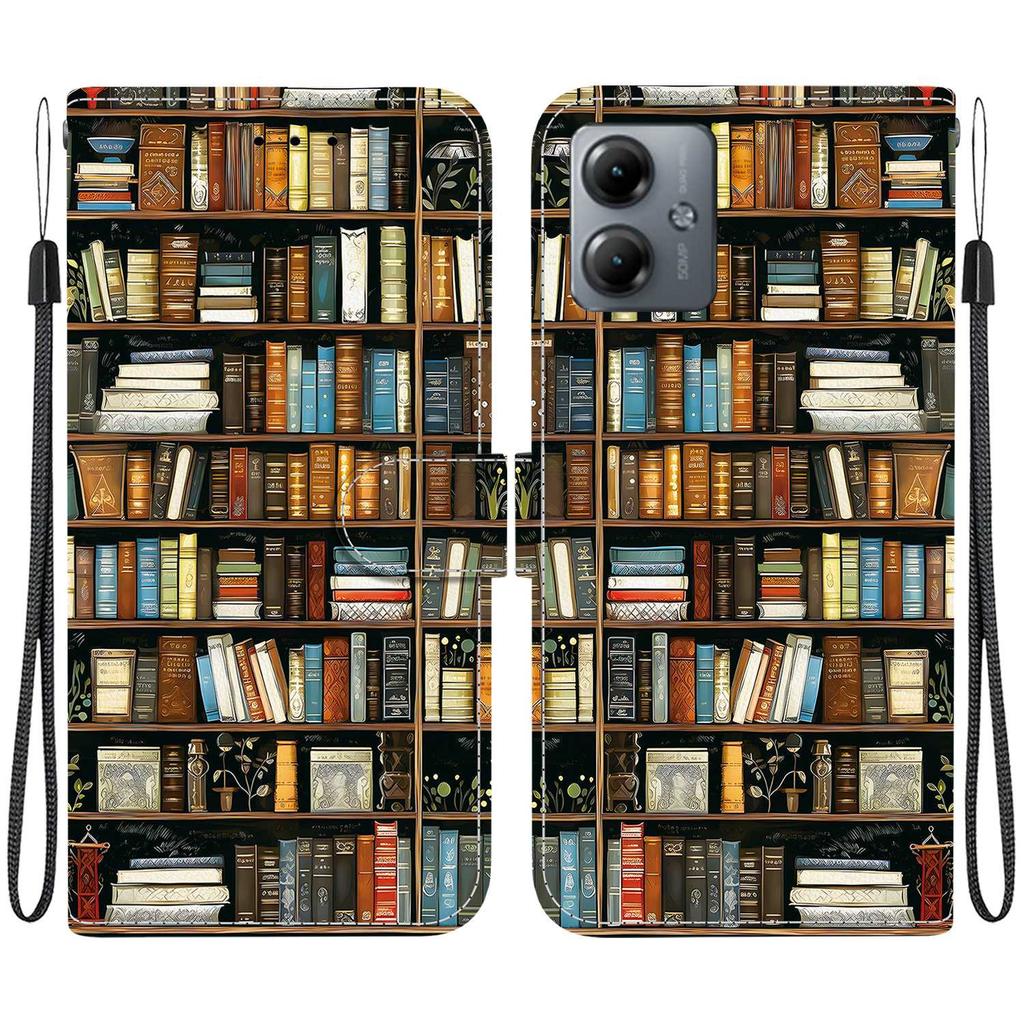 Handmade PU Leather Flip Case for Motorola Moto G14 Anti-Slip Shockproof Cover with Wrist Strap & Heart/Rose Cat Designs