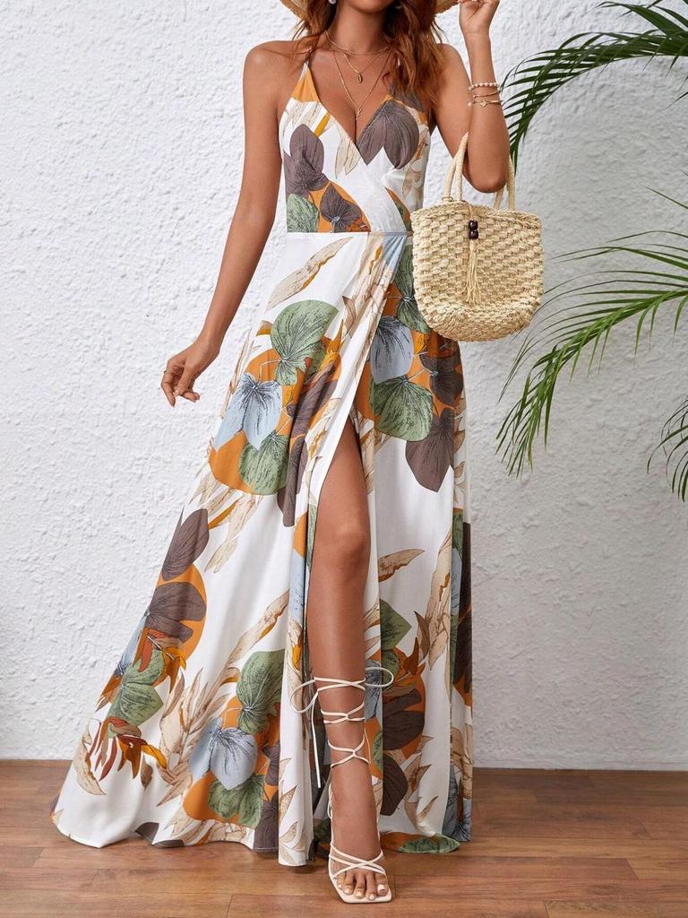 Tropical Print High Slit Strap Dress - European & American Style