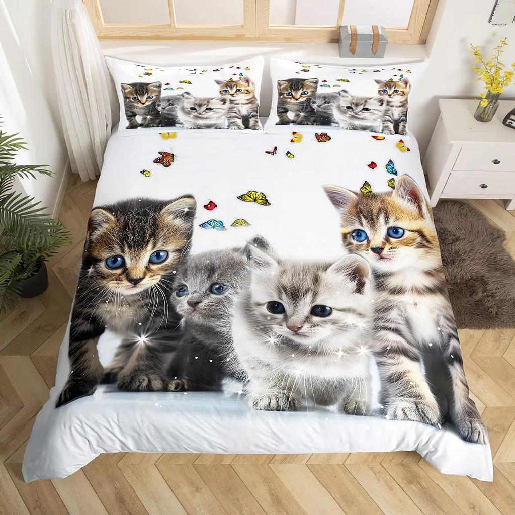Cute Cat Duvet Cover Set Boys Girls Adults Animal Printed Bedding Set Pet Theme Comforter Cover Pet Quilt Covers with Pillowcase