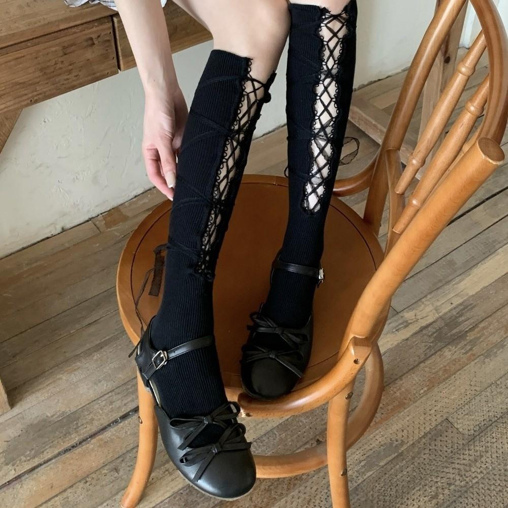 Y2K Mid-calf Socks Lace Trim Mesh Ribbon Socks New Dress Stacking Socks Women
