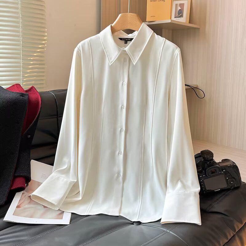 

MD Women s Clothing French Style Young Smart Commute Style Slim Fit Lapel Long Sleeve Shirt Tops 05191791251 Beige White L