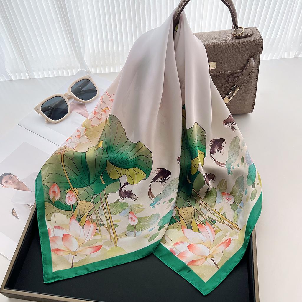 Spring National Style Literary Lotus Simulation Silk Scarf Light And Versatile Small Square Scarf Age-Reducing Accessories Headscarf