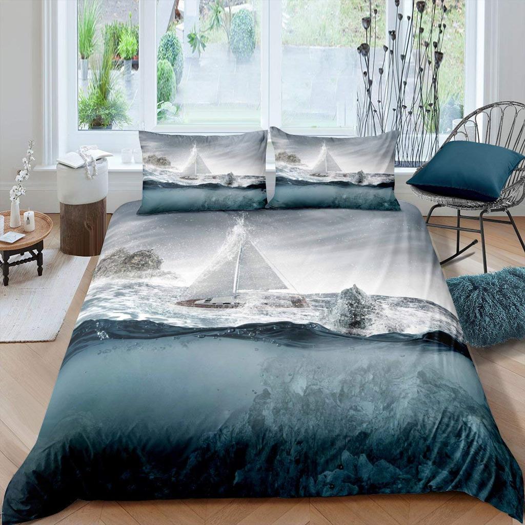 Sailboat Duvet Cover Set Microfiber Nautical Decor Queen Retro Pirate Sailboat Comforter Cover Sunset Marine Pattern Bedding Set