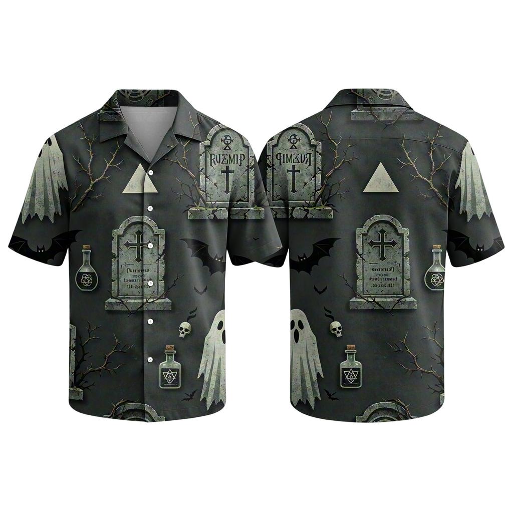 Men's Casual Short Sleeve Button Down Shirt Halloween Print Camp Collar Relaxed Fit Lightweight Top