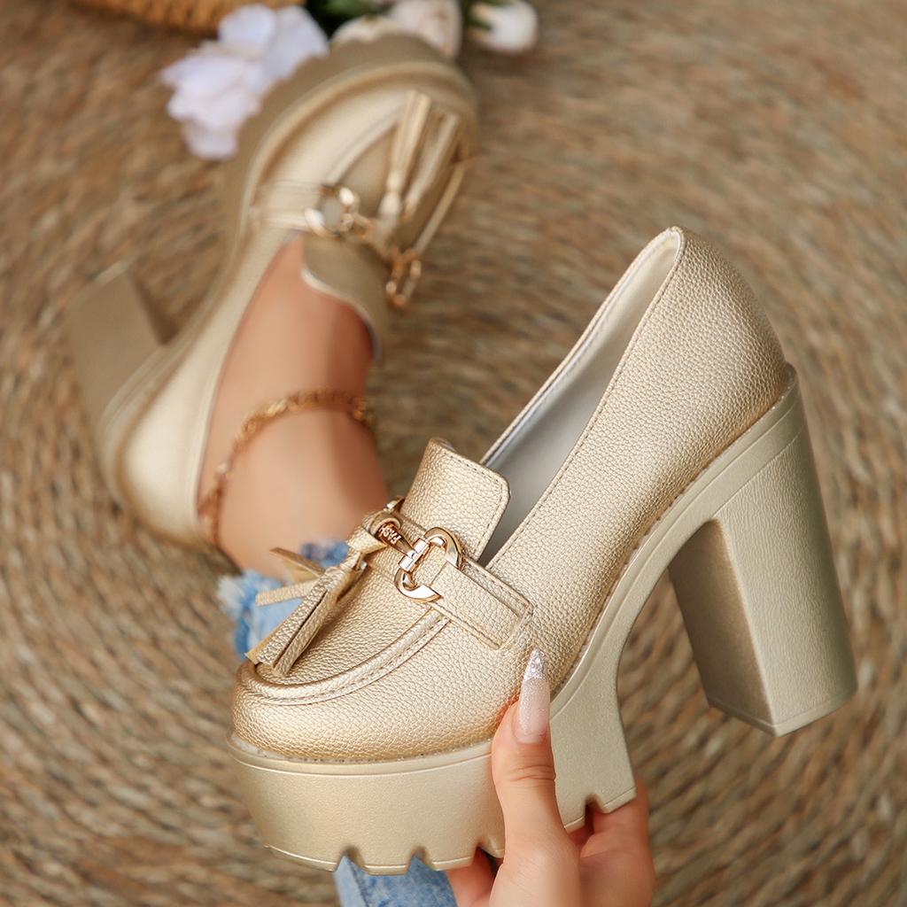 Fashion 2025 New Women Pumps Fashion Tassels Thick Heeled Party Shoes Gothic Platform Shoes Woman Bowknot Chunky High Heel Pumps Women