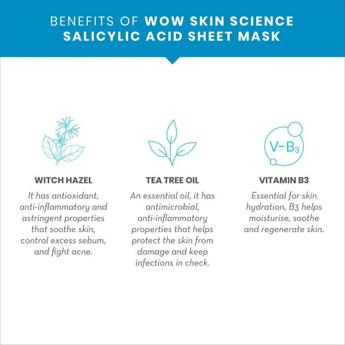 Wow Skin Science Salicylic Acid Natural Fiber Cupra Face Lifting Sheet Mask - Balances Sebum, Controls Acne, and Renews Skin, Pack of 5